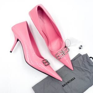 Balenciaga BB Square Knife Pumps Pink Patent Leather Pointed Tie Sz 38 / 8
